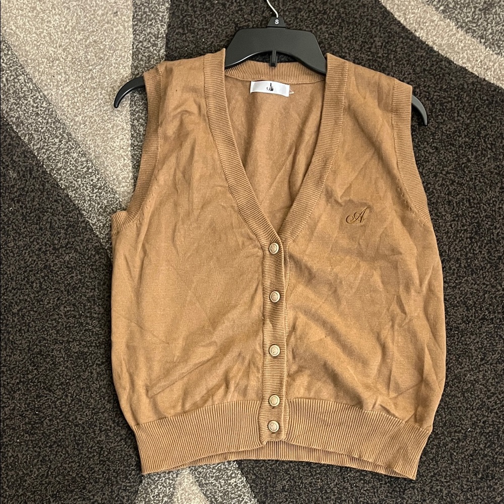 Tan Button Front Sweater Vest Preppy Cotton
